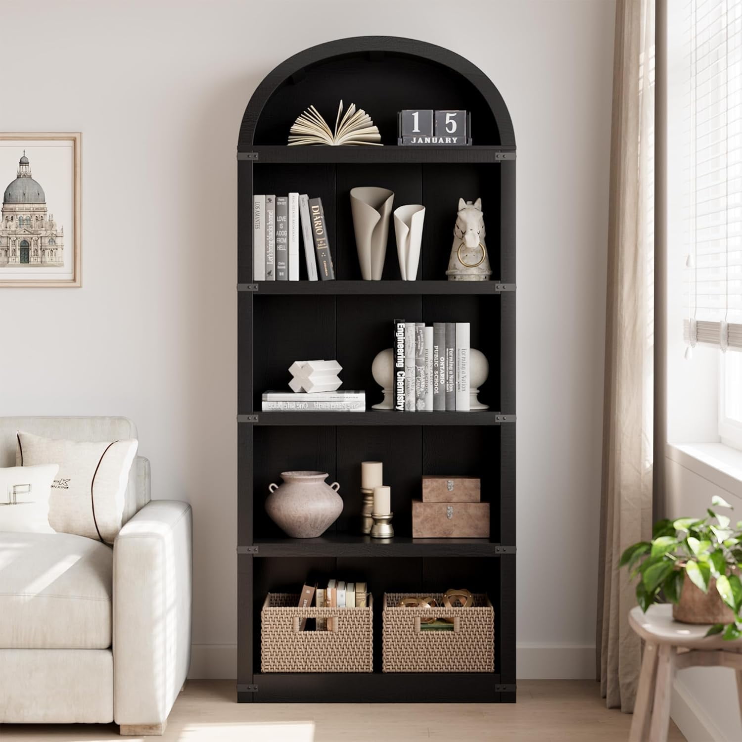 Accreate Bookcase 5 Shelf Arched Bookshelf 71.65in Tall Bookcase Farmhouse Display Storage Rack Wooden Bookshelves for Home office, Living Room