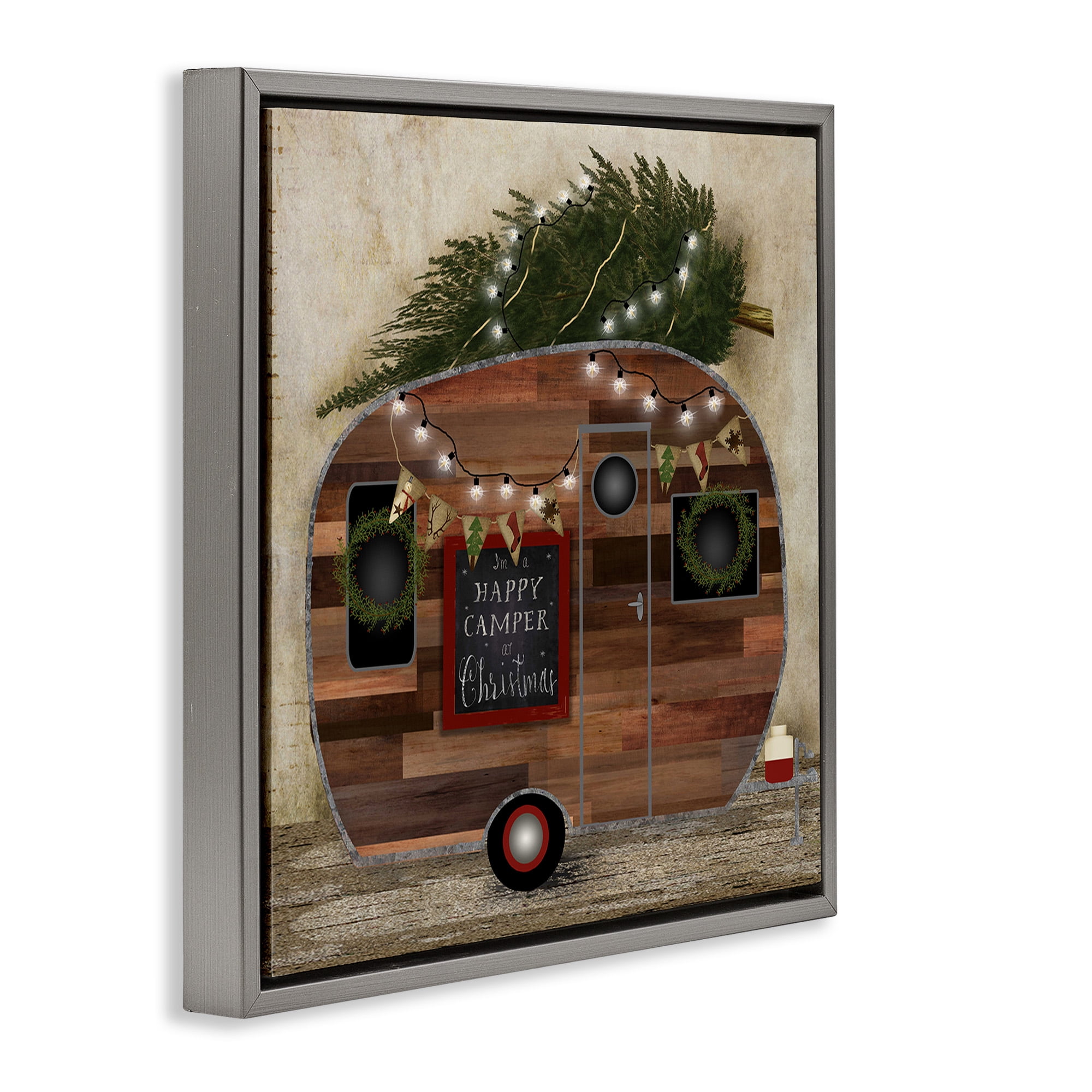 Stupell Industries Happy Camper At Christmas Holiday Painting Gray Floater Framed Canvas Art Print Wall Art, 18 x 18