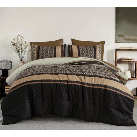 Brown Comforter Set  Size,Boho Striped Bed in a Bag,Fall Plaid Comforter and Sheet Set, Soft Microfiber Complete Bedding Sets