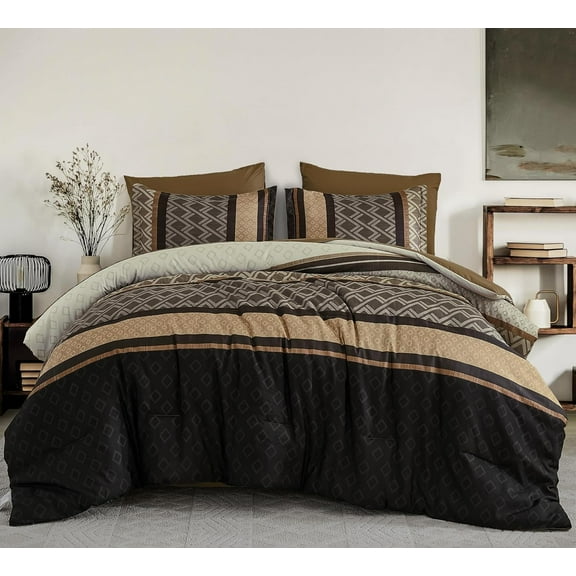 Brown Comforter Set  Size,Boho Striped Bed in a Bag,Fall Plaid Comforter and Sheet Set, Soft Microfiber Complete Bedding Sets
