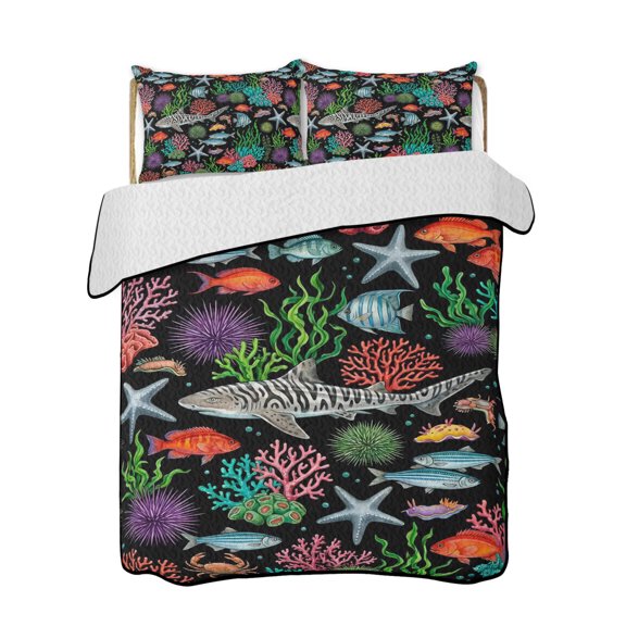 Quilt King Size Bedding Set, Colorful Ocean Reversible Summer Quilt 3 Pieces, Summer Sea Corals Starfish Fish Lightweight Bedspreads Coverlets with 2 Pillow Shams for All Seasons