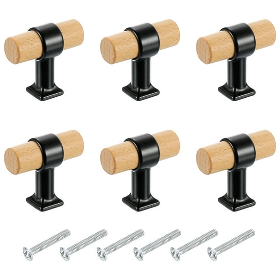 Uxcell 6 Pcs T Bar Wooden Drawer Pulls Single Hole Handles with Screws, Dark Brown/Black