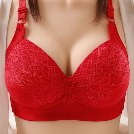 

Riforla Womens Breathable Comfort Bra Without Steel Ring Lace Push up Bra Three Rows of Buckle Red 85C