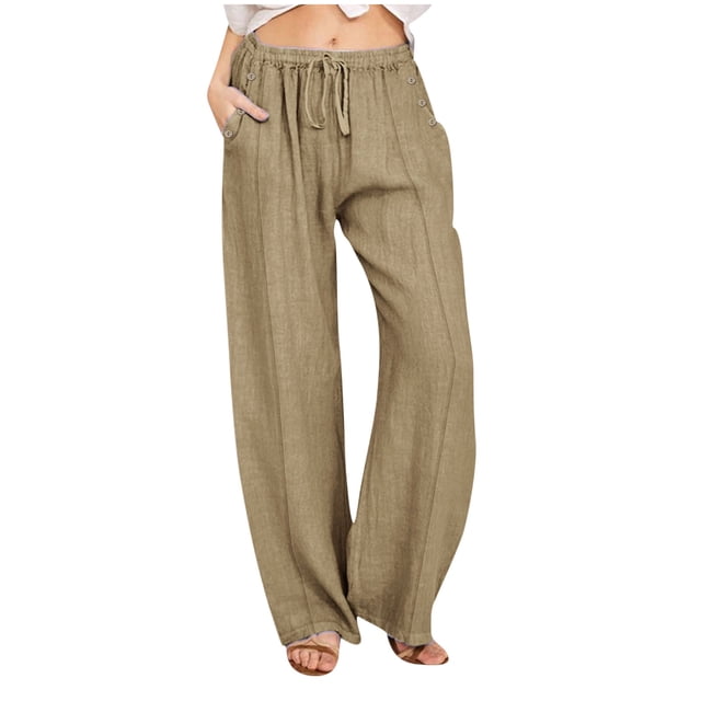 LOVZFMLL Women's Pants, Solid Linen Blend Drawstring Faux Button Loose Casual Wide Leg Long Pants Khaki, L
