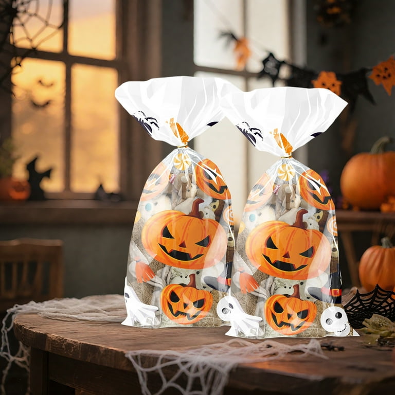 DAMAI 50 Pcs Happy Halloween Cellophane Treat Bags,Plastic Pumpkin
