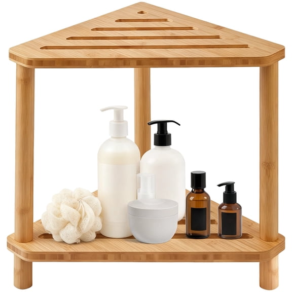 Wooden Corner Shower Stool with 2-Tier Shelf, Anti-Slip Waterproof Bath Bench for Adults, Space-Saving Shaving Leg Seat & Bathroom Storage