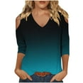 thumbnail image 2 of BiZtdJrK Gradient Color Top for Women 3/4 Sleeve Cold Shoulder V Neck Blouse Lightweight Going Out Summer T Shirts Prime Deals Sky Blue XL, 2 of 5