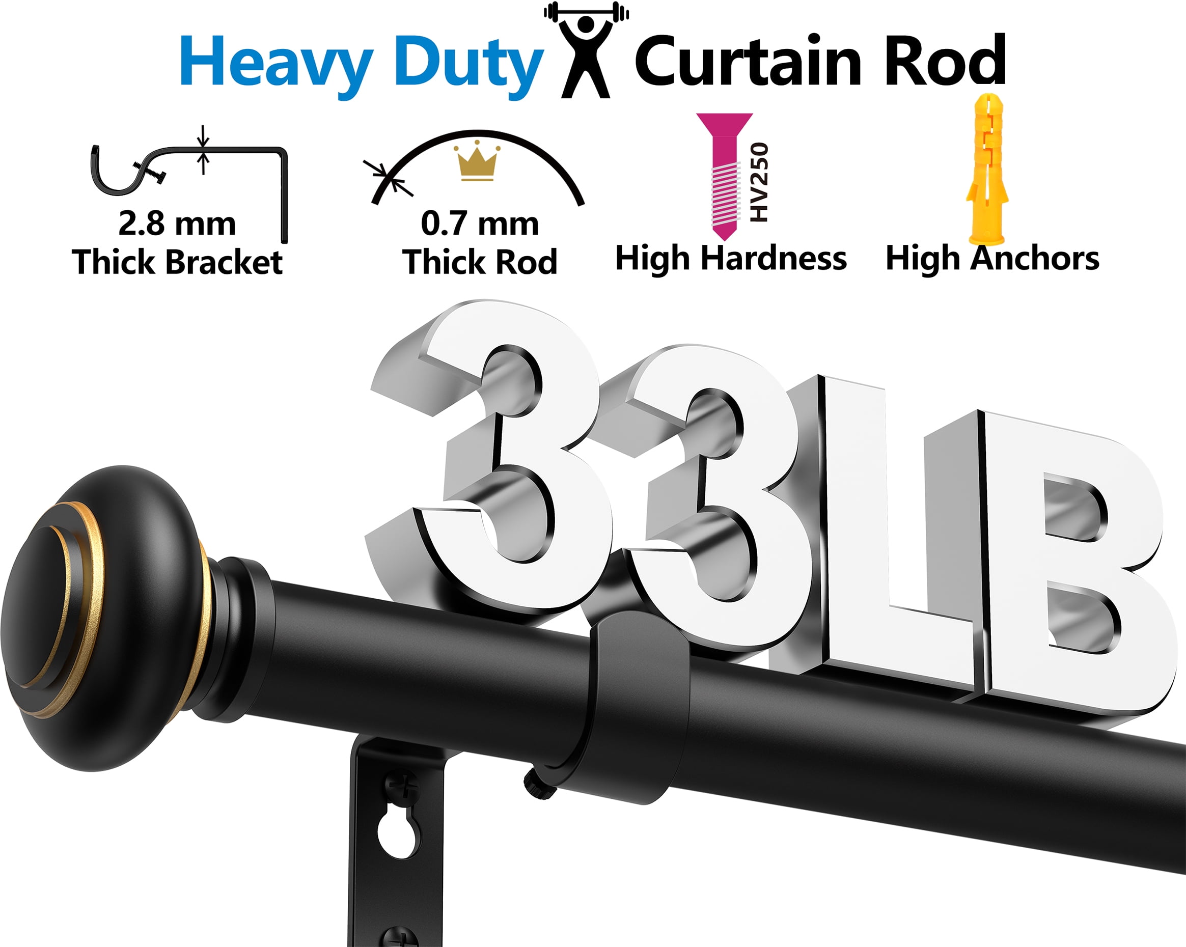 BloomFlower Curtain Rods 18-128 inch, for Window 120 Inch, Adjustable Length Heavy Duty Diameter 7/8 inch, Modern Finials, Black
