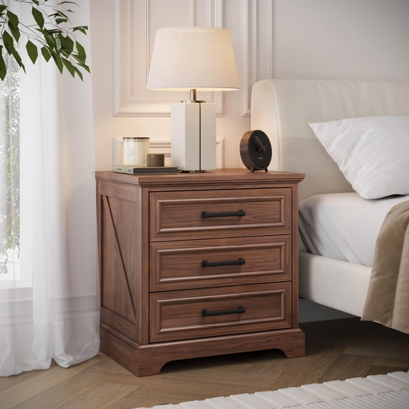 IFMUST Farmhouse 3 Drawers Nightstand with Charging Station, Rustic Wood Nightstand with Drawers for Bedroom, Living Room, Brown