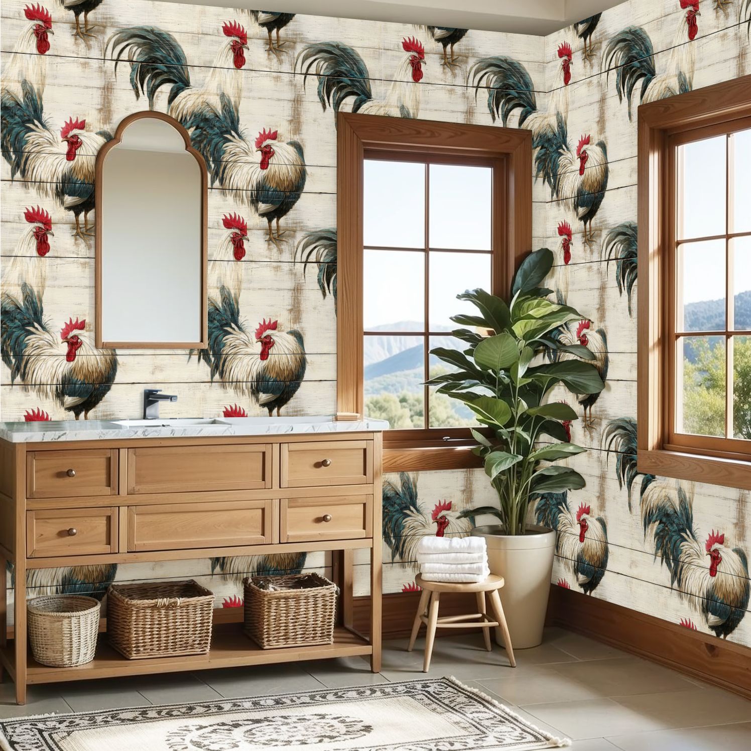 Farmhouse Peel and Stick Wallpaper 23.6in x 9.8ft Vintage Roosters Weathered Wood Planks Red Comb Contact Paper Vinyl Waterproof Self Adhesive Wall Paper for Bedroom Shelf Cabinet Renter Friendly