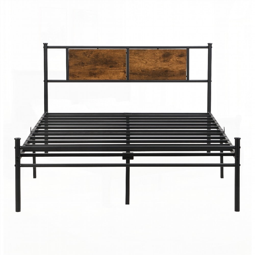 King Size Metal Platform Bedframe with Wood Panel Headboard, Black, for Bedroom