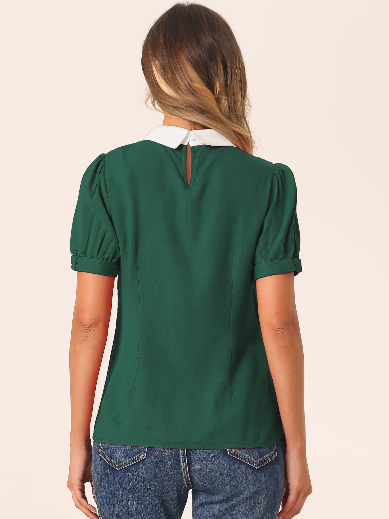 DARING DIVA Contrast Puff Short Sleeve Blouse Top S Dark Green