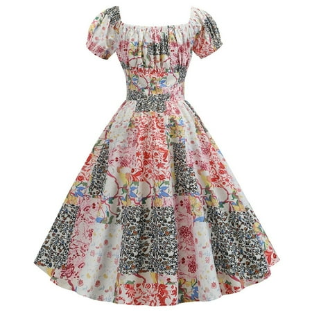 Blphud Womens Dressed Date Dress for Women Women Vintage Retro Short Sleeve Print Evening Party Gown Prom Swing Dress Women Dress Women s Prom Dresses 2024 Pink L