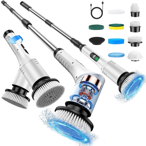 Electric Spin Scrubber Cordless, Jinyi 9-in-1 Power Cleaning Brush with Adjustable Long Handle, 2-Speed Waterproof Shower Scrubber for Bathroom Tub, Tile & Floor