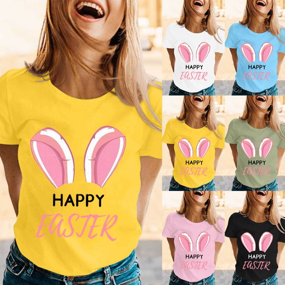 CAIXIA Happy Easter Shirts Women Women T Shirts Graphic Cute Bunny Tee Crew Easter Bunny Casual Short Sleeve Going Out Tops for Women
