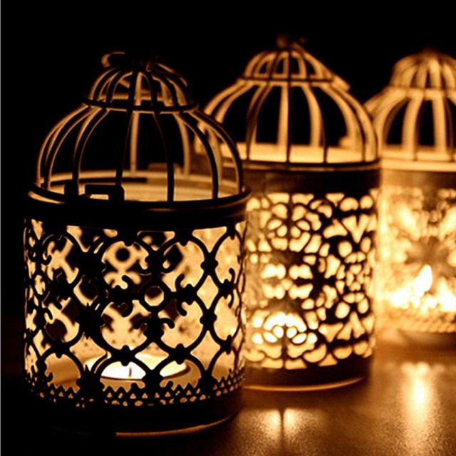 Ruiboury Electroplated Metal Birdcage Shape Tea Light Candle B- Holder Gold Type E 2Set