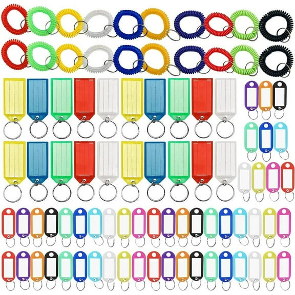 Pack of 90 Wrist Coil Keychains and Tough Plastic Key Tags, DaKuan 20 Stretchable Plastic Wrist Keychains and 70 Key Tags with Labels, for Identification and Prevention of Keys Falling off