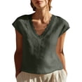 thumbnail image 3 of Craaazy Womens Spring And Summer Lace Trim Linen Top V-Neck Cap Sleeve Casual Blouse for Daily Wear Gifts, 3 of 8