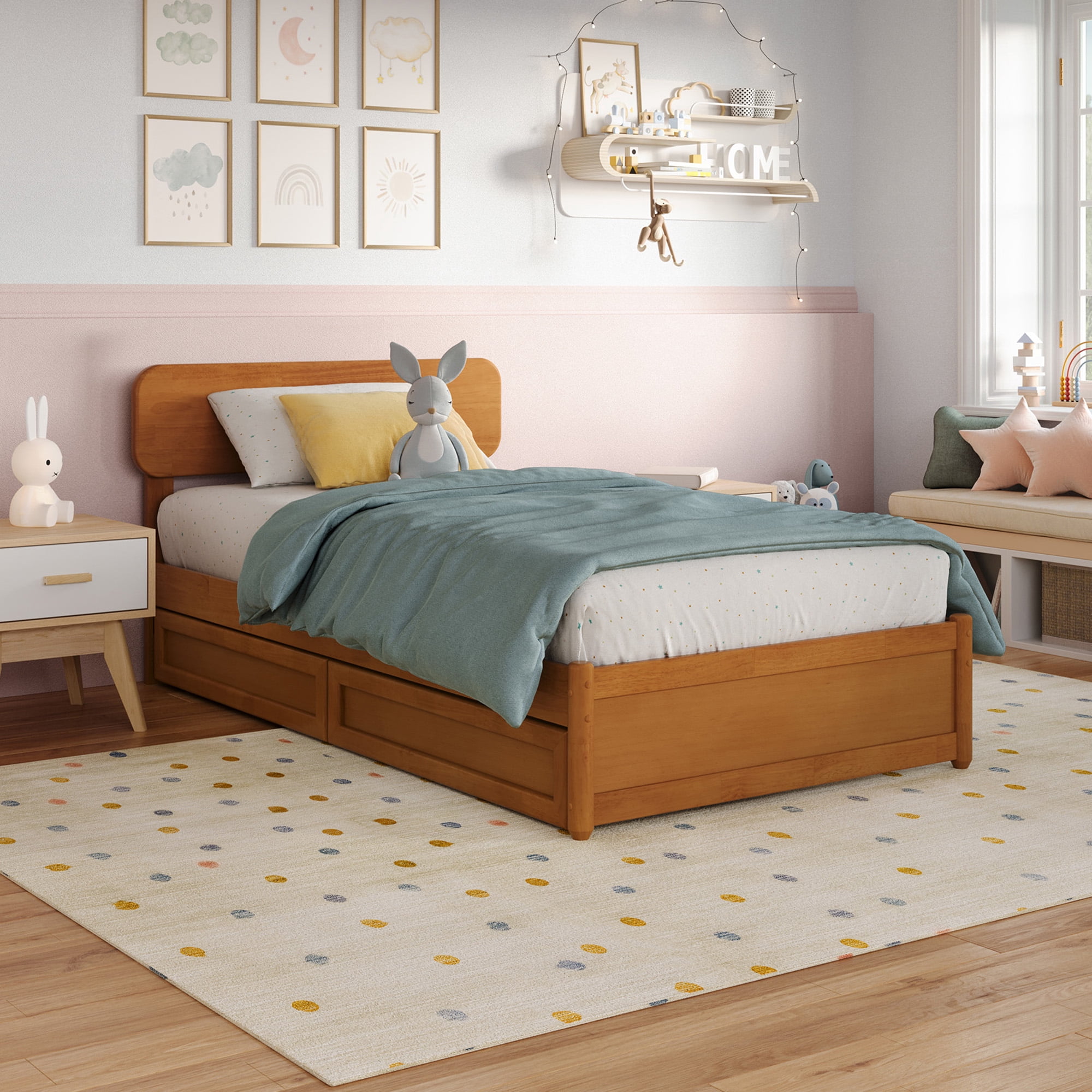 AFI Capri Twin Wood Platform Bed with Panel Footboard and Storage Drawers, Light Toffee