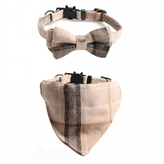 XIRQI Plaid Dog Collar with Bow, Best Pet Gift for Small Medium Large Male Dogs, Beige & Brown
