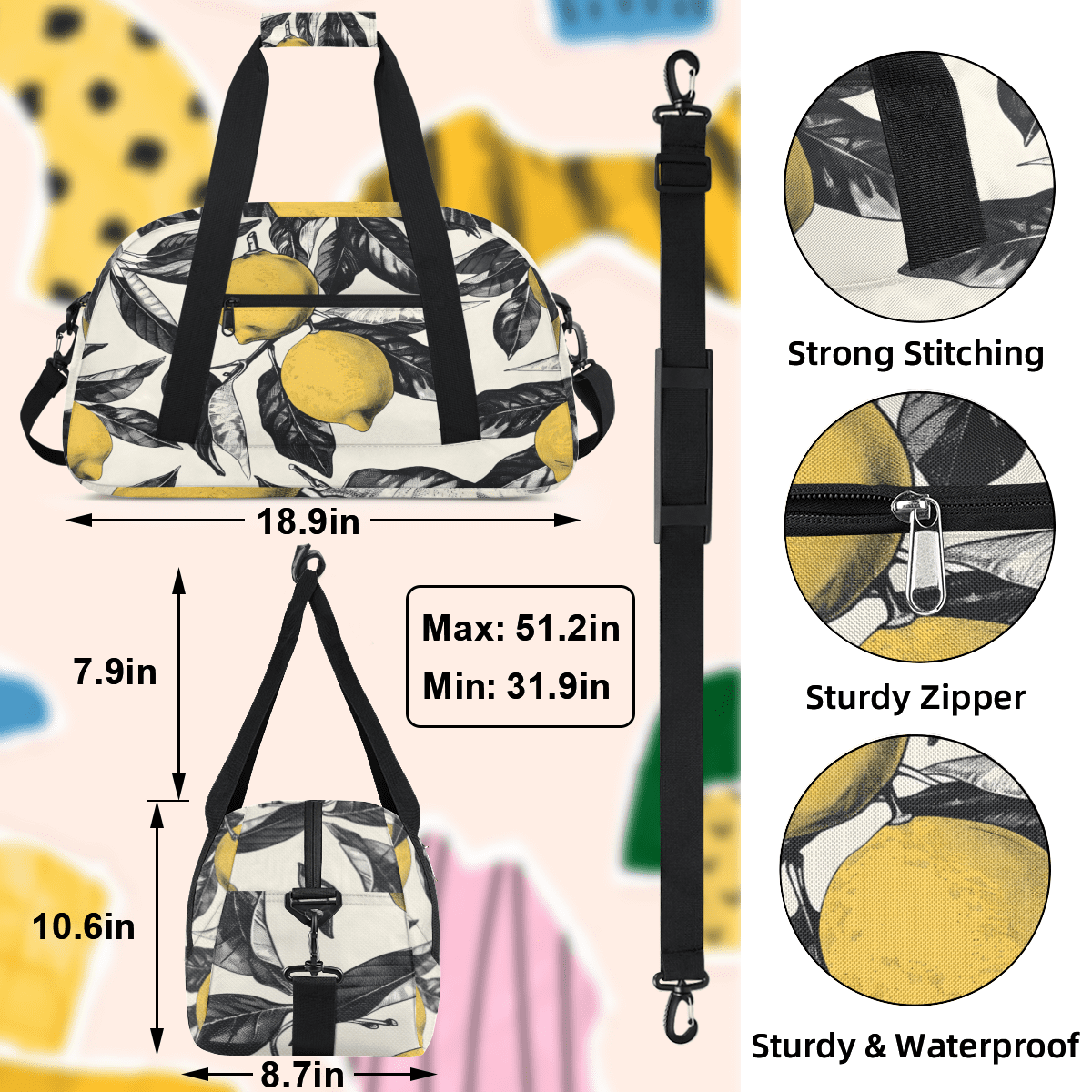 Herdesigns Lemon Sports Duffle Bag for Women & Men, Gym Bag Dance Bag Overnight Bag Carry On Weekender Travel Bag