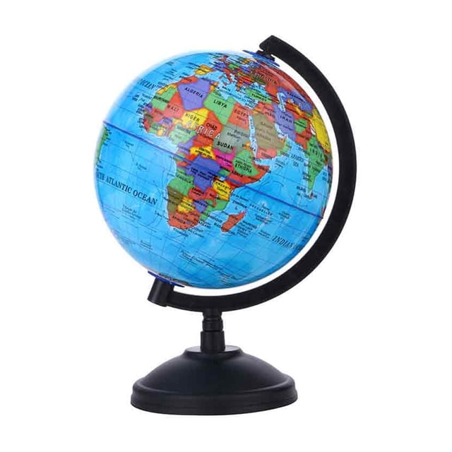 Globo terráqueo educativo, tarro nórdico de plástico irrompible para guardar monedas como adorno de escritorio, océanos azules vibrantes y masas terrestres coloridas con límites políticos, decoración