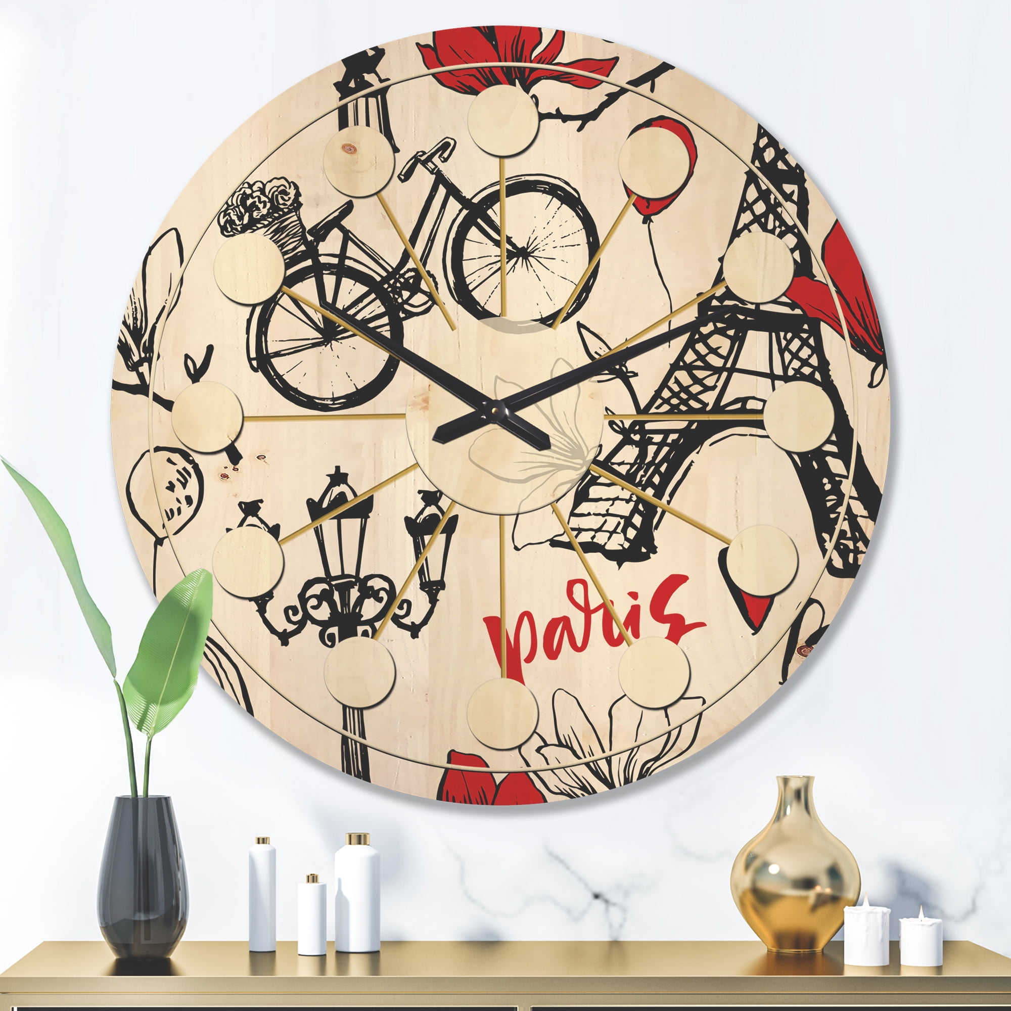 Designart 'Vactor Illustration Paris Eiffel ' Mid-Century Modern Wood Wall Clock