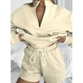 thumbnail image 3 of Arvbitana Women Arvbitana Women 2Pcs Jogging Outfits Solid Color Long Sleeve Stand Collar Half Zip Sweatshirt and Drawstring Shorts Set Loungewear, 3 of 8