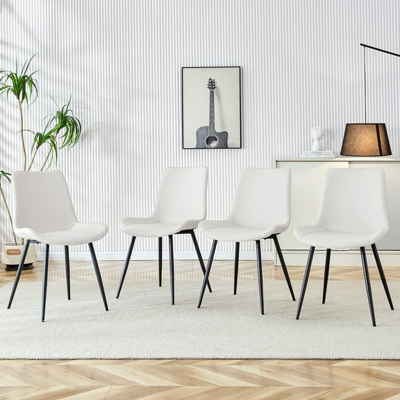 White Faux Leather Dining Chair with Backrest Cushion, Black Metal Legs, Curved Widened Cushion, Set of 4
