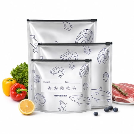 Reusable Aluminum Foil Sealable Storage Bags – Stand Up Zip Lock Pouches with Label Leakproof & Vacuum Resealable for Food Vegetable Fruit Meat Freezer & Household Organization