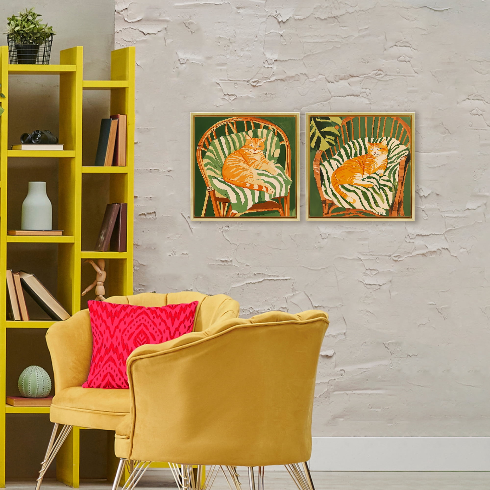 Stupell Industries Cozy Cats in Rattan Chairs 2 Piece Gold Framed Floater Canvas Set, design by Walker Noble