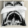 thumbnail image 1 of Northwoods Duvet Cover Set King Size, Mountain and Monochrome Forest Pattern with Compass Frame Design Outdoors, Decorative 3 Piece Bedding Set with 2 Pillow Shams, Black Coconut, by Ambesonne, 1 of 3