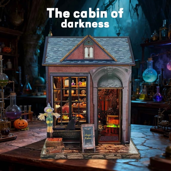 Music Park Enchanted Dark Cottage Book Nook Kit - 3D Wooden Puzzle with LED Lights, DIY Witchy Magic Shop Miniature Dollhouse, Unique Birthday & Christmas Gift for Adults