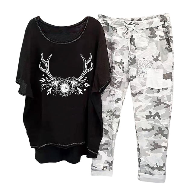 Mikilon Womens Comfortable Loungewear Homewear 2 Piece Set Printed Loungewear Leisure Set Medium Sleeve Round Neck Top + Pants Set Black-C S