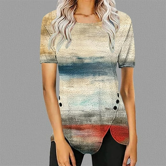 Itsame Short Sleeved Undershirt Tops for Womens Shirt Printed Round Neck Button T-Shirt Blouses Multicolor Size 2XL