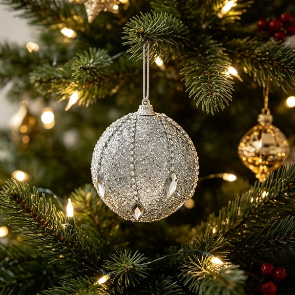 Silver Glitter Foam Christmas Ball Ornament, Rhinestone Beaded Hanging Bauble for Christmas Tree Decor Wreath Mantel Holiday Home Decor