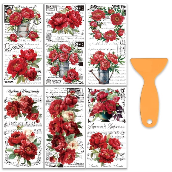 6Pcs/set Red Peony Flowers Rub on Transfers