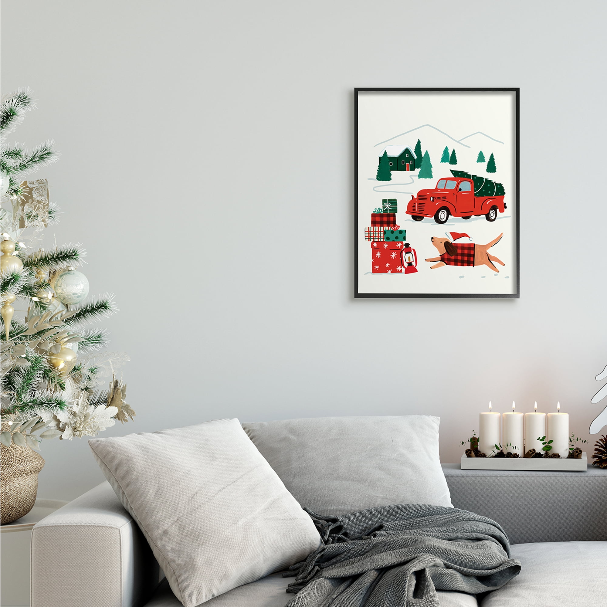 Stupell Industries Retro Christmas Cottage Landscape Festive Dog Hat Holiday Painting Black Framed Art Print Wall Art, 16 x 20