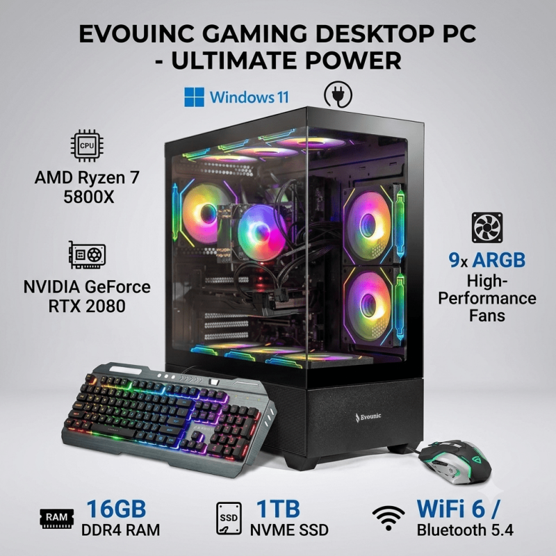 Gamer Master Gaming Desktop PC, AMD Ryzen 7 5800X, NVIDIA GeForce RTX 2080, 16GB DDR4 RAM, 1TB SSD, 650W Power Supply, WiFi 6/Bluetooth 5.4,9*ARGB Fan, Windows 11