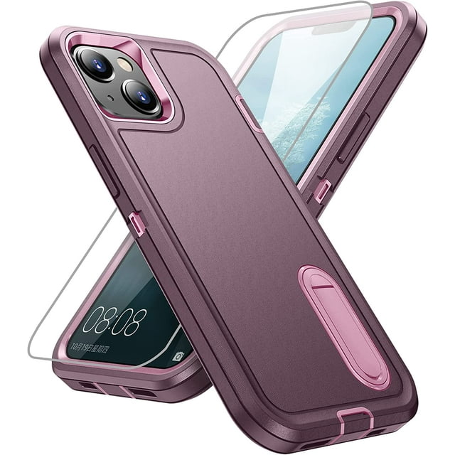 AmPm for iPhone 14 Case with Screen Protector, Heavy Duty Protective iPhone 14 Phone Case with Built in Kickstand, Military Grade Protection Cover for iPhone 14 6.1 inch (Purple)