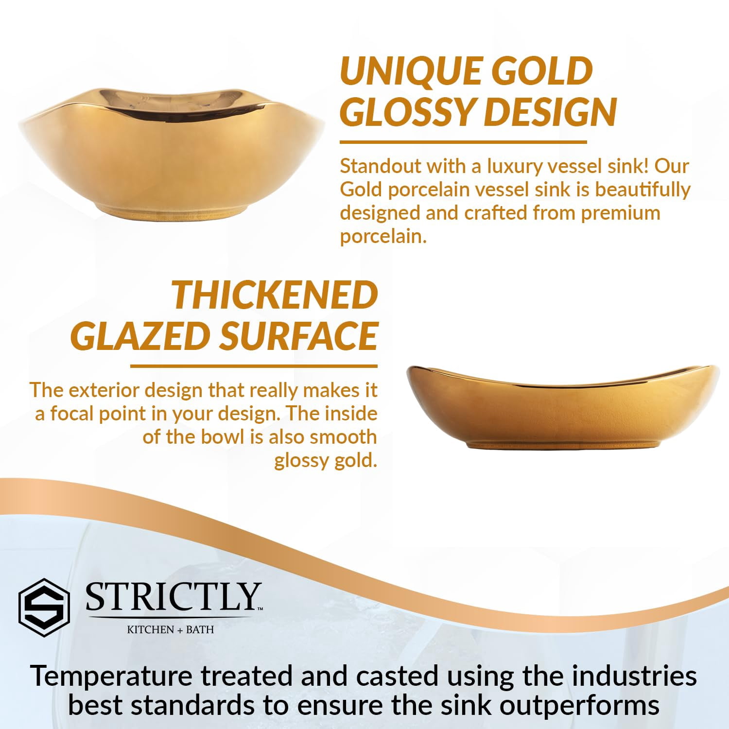 Strictly Sinks 19 Inch Gold Vessel Sink – Gold Glossy Ceramic Countertop Bathroom Sink