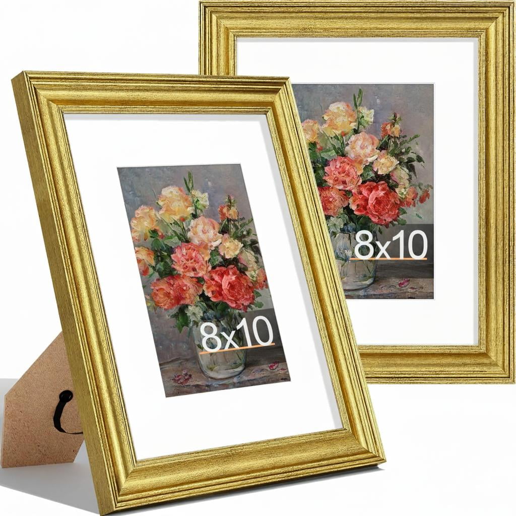 decorUhome 8x10 Picture Frames Set of 2, Display 5x7 Pictures with Mat or 8x10 without Mat, Wall and Tabletop Display Photo Frames, Gold