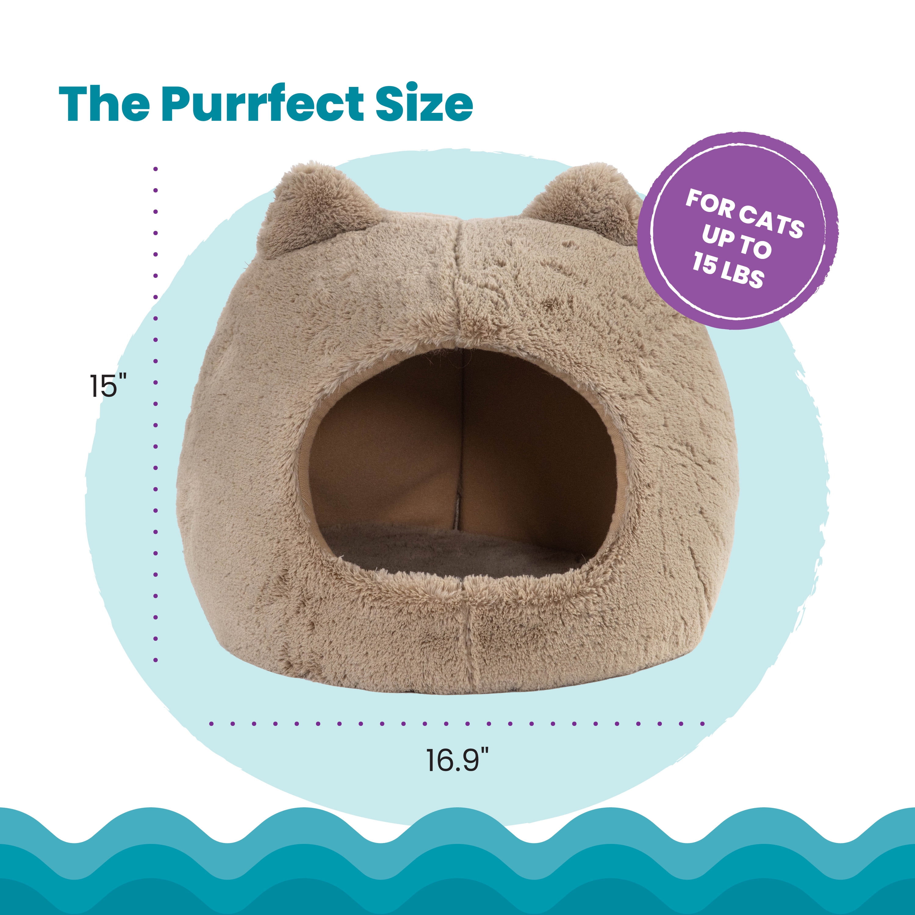 Catstages Meow Hut, Covered Cat Bed Cave for Indoor Cats, Cozy Enclosed with Removable Cushion, 16” x 15” x 15”, For Small Pets Up to 15 lbs, Tan, Small