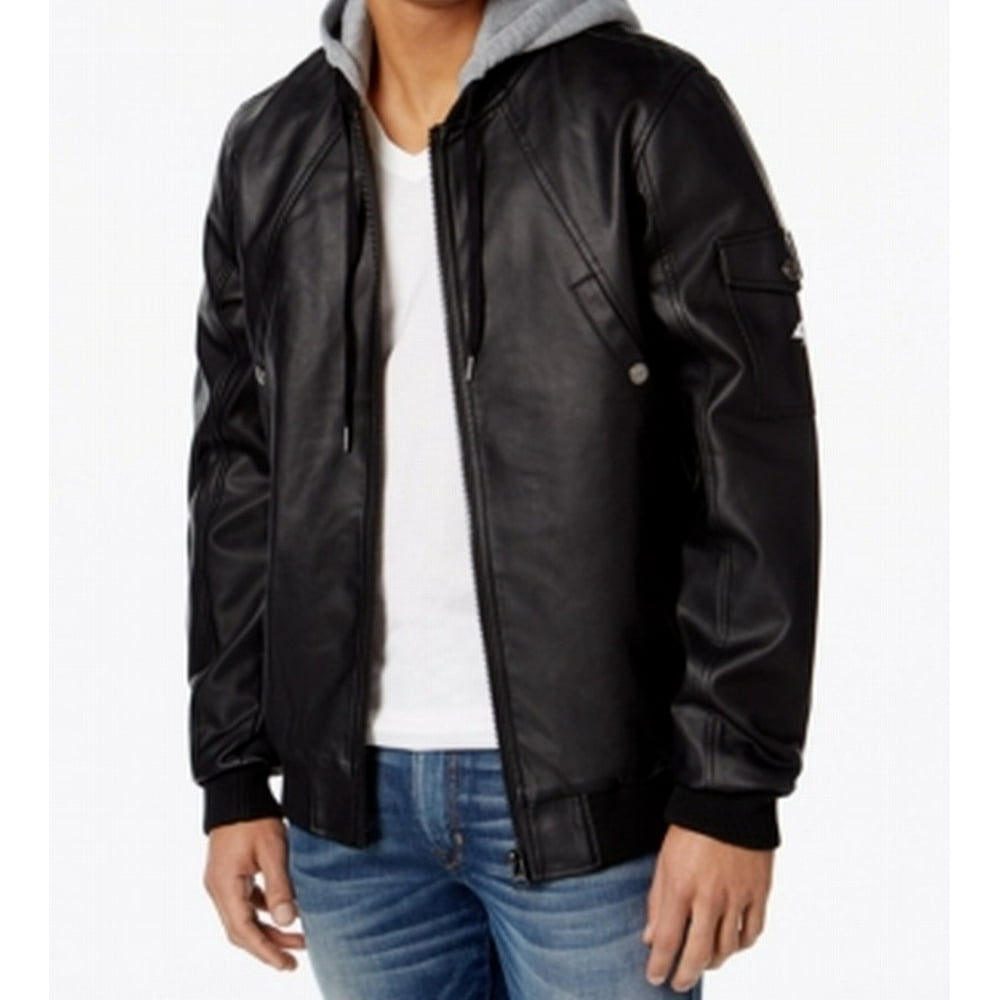 LRG LRG NEW Black Mens Size XL FauxLeather Full Zip Hooded Bomber