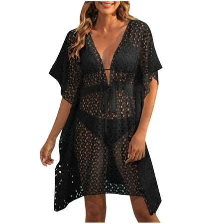 ZVNAH Womens Swimsuit Cover Up Lace Beach Dress Bikini Coverup Tie Front Split See-Through Hollow Out Blouse Tops