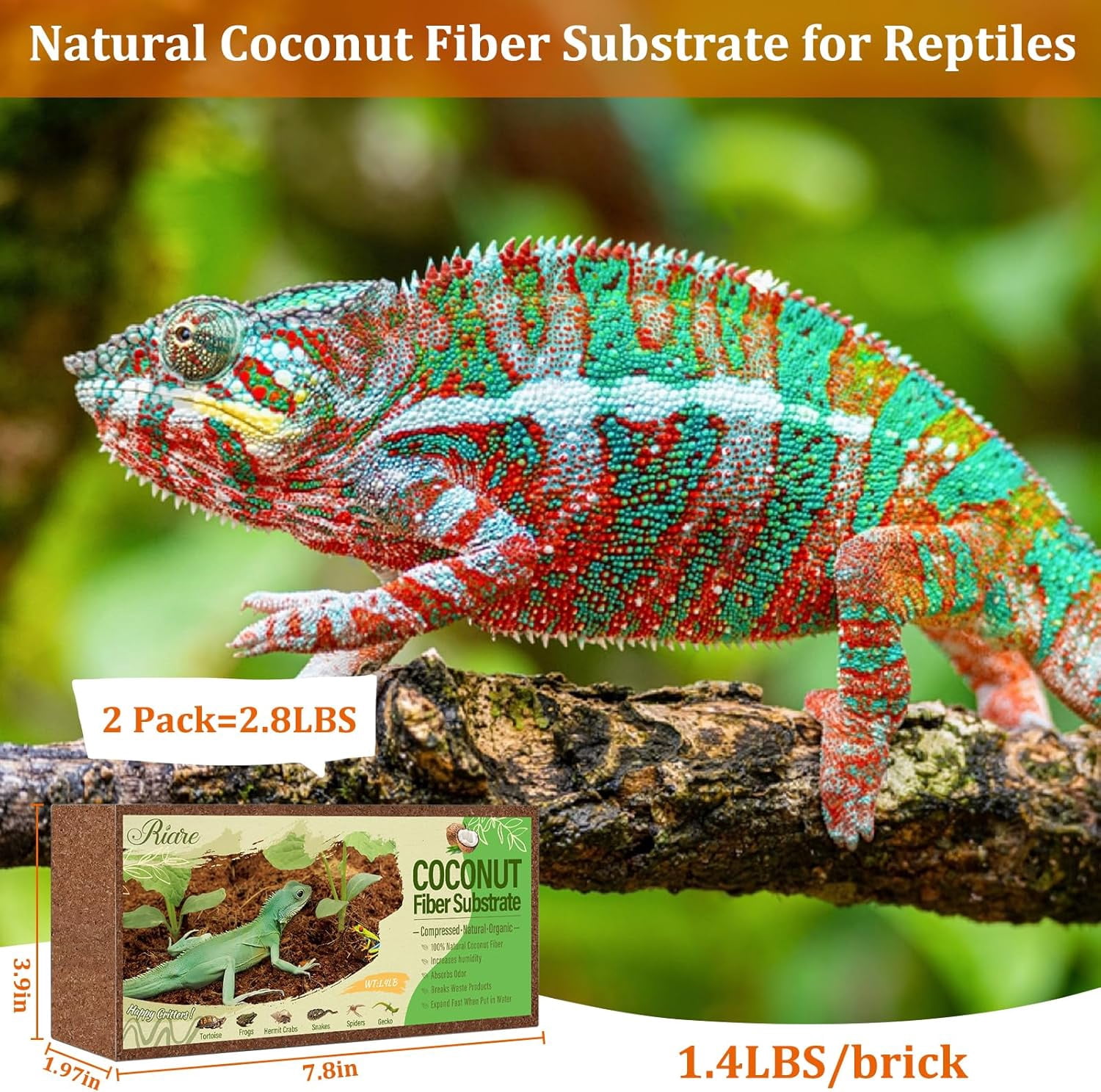 2 Pack Natural Coconut Fiber Substrate for Reptile- Premium Compressed Coconut Husk Terrarium Bedding for Reptile, Tortoise, Frogs, Snakes Hermit Crabs, Burrowing Animals