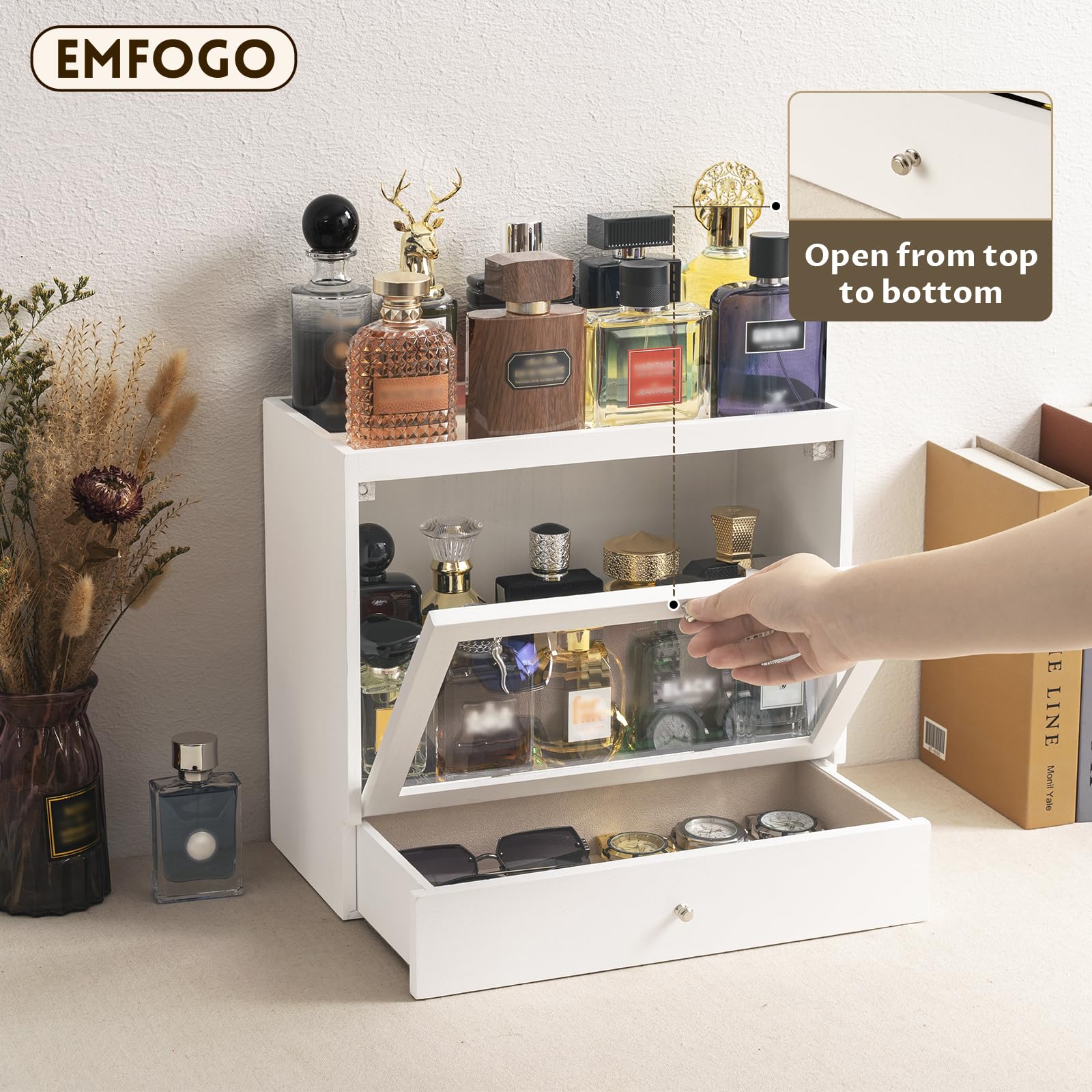 Organizador de Perfumes Honiway para Hombre, Porta Perfumes de Gran Capacidad a Prueba de Polvo con Cajón y Estante Organizador (Blanco) 6