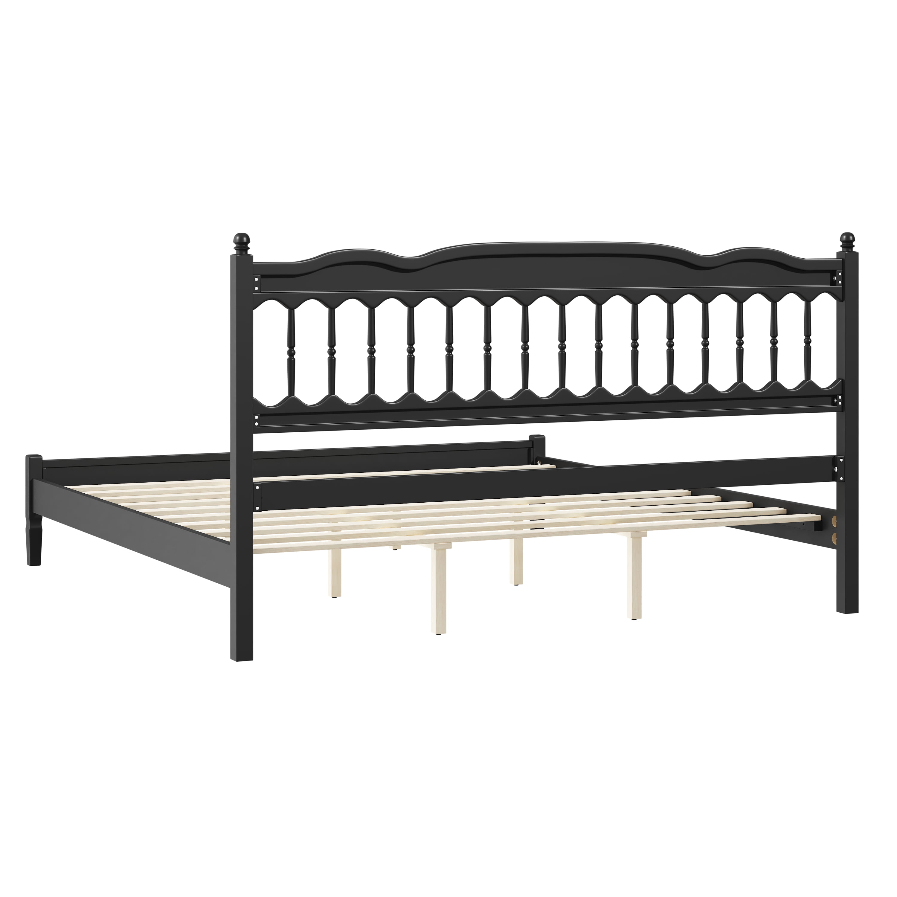 Mintazer Farmhouse King Platform Bed with Spindle Headboard, Vintage Arched Slat Platform Bed Frame for Bedroom, No Box Spring Required, Black