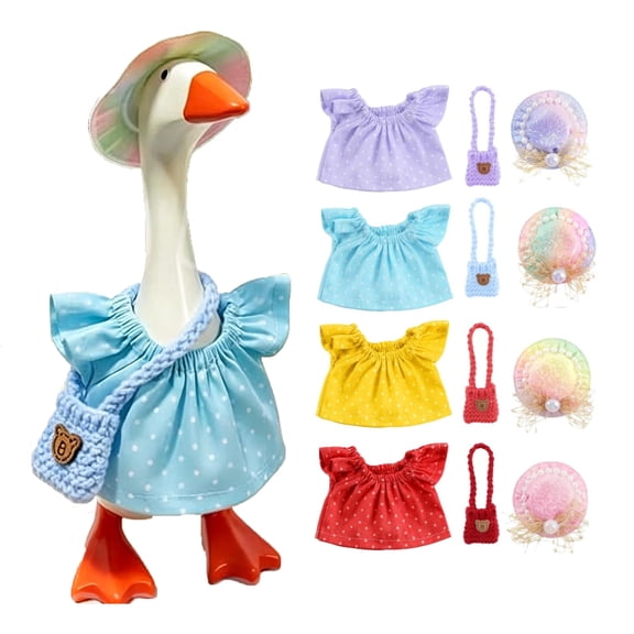 PoyoKee Porch Goose Outfits, Mini Desk Goose Outfits for Birthday, Summer Clothes with Hat Dress Bag for Porch Decor Home Decor, 7 inch - Blue