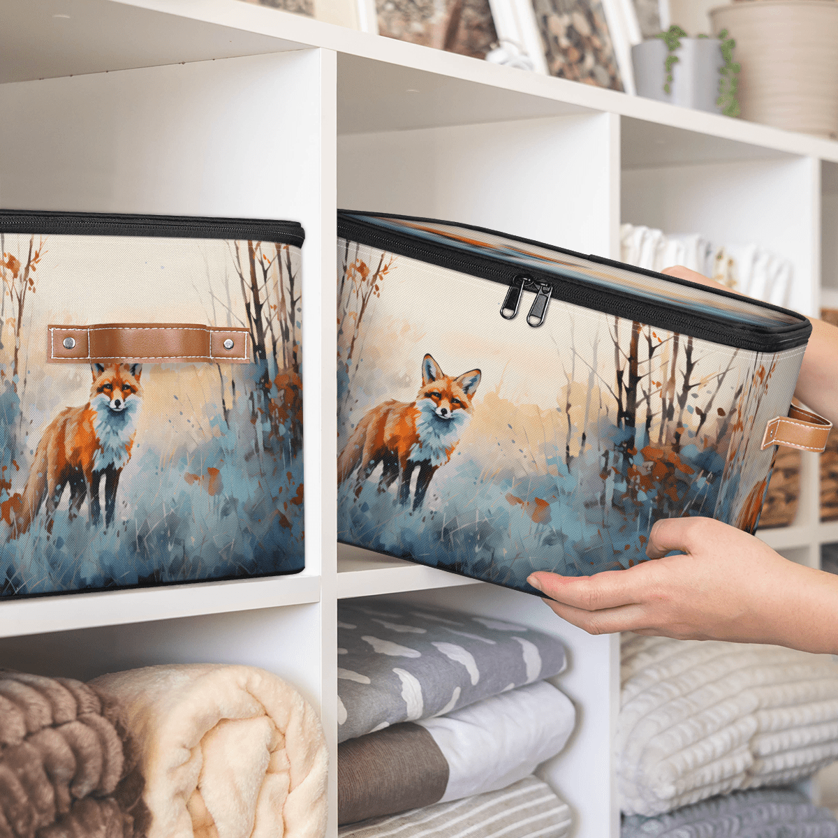 CURLYOOT Watercolor Fox Storage Bin with Zipper Lid, Fabric Decorative Lidded Storage Baskets Boxes, Foldable Organizer Container Basket for Bedroom Closet Shelf